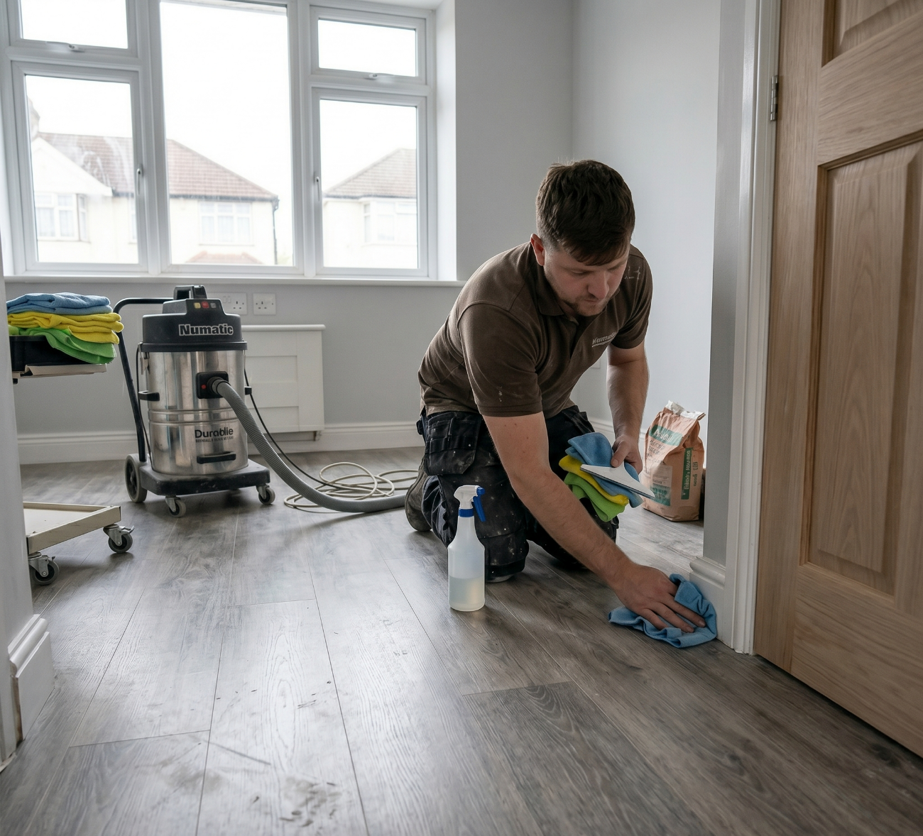 Professional cleaner inspecting renovated property after builders cleaning in Pinner