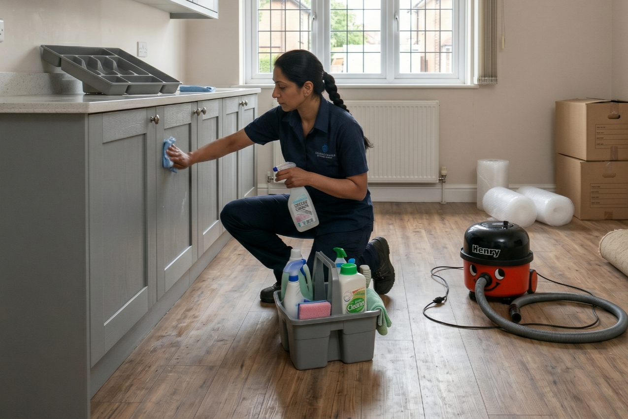 Professional cleaner deep cleaning an empty rental flat in Pinner