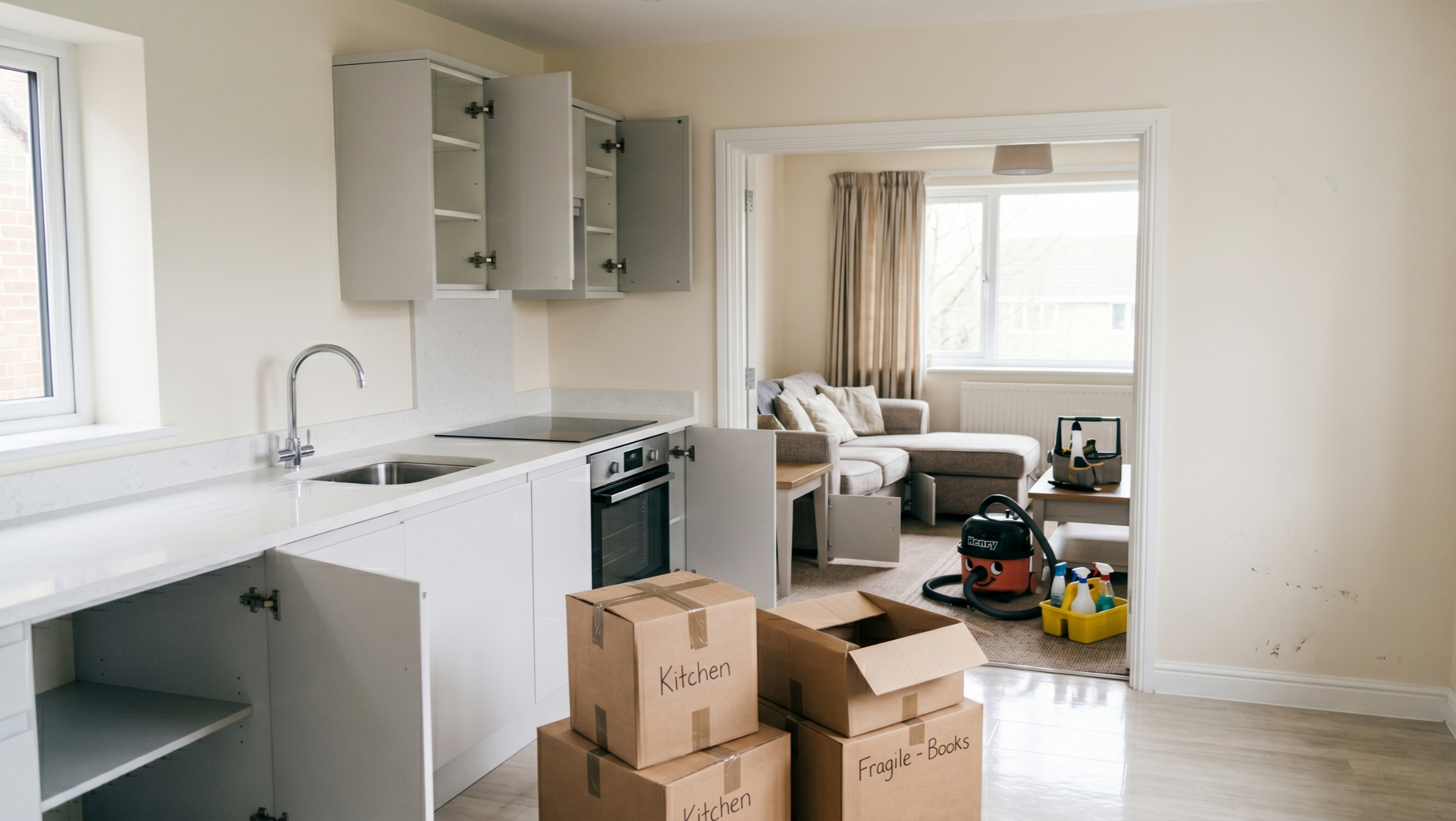 Empty rental property prepared for end of tenancy cleaning before move-out inspection