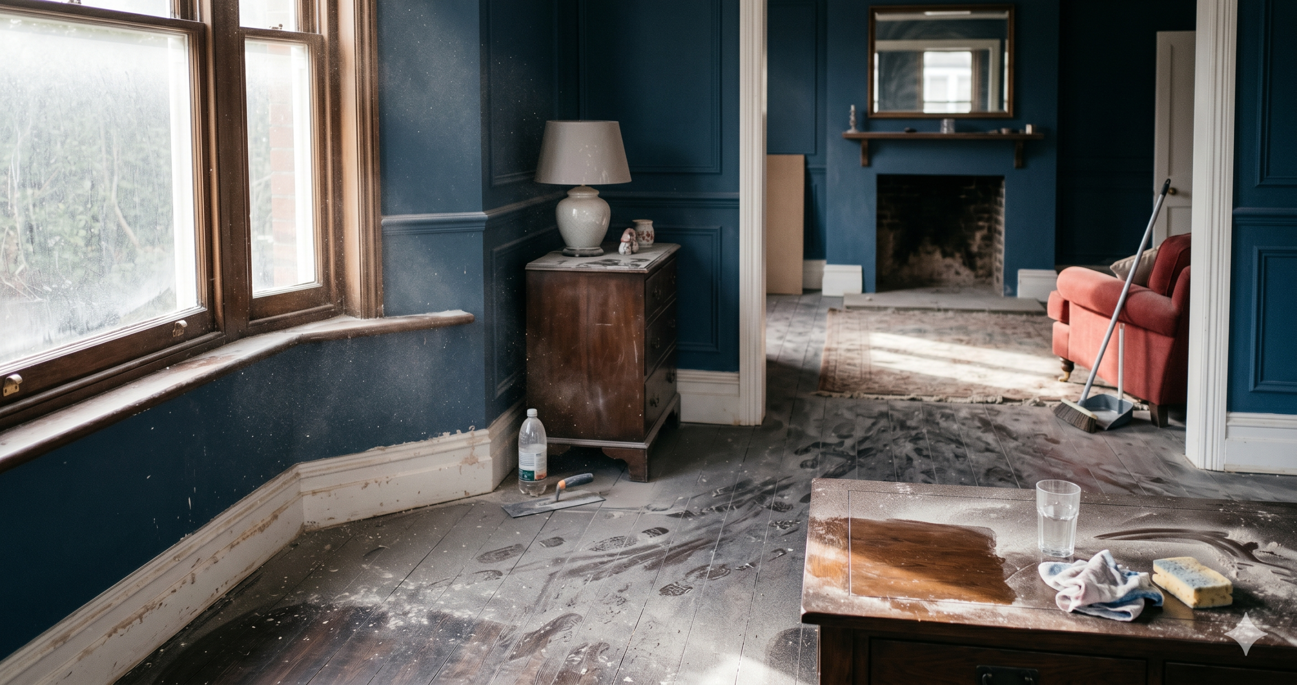Fine plaster dust settling inside a renovated room after building work
