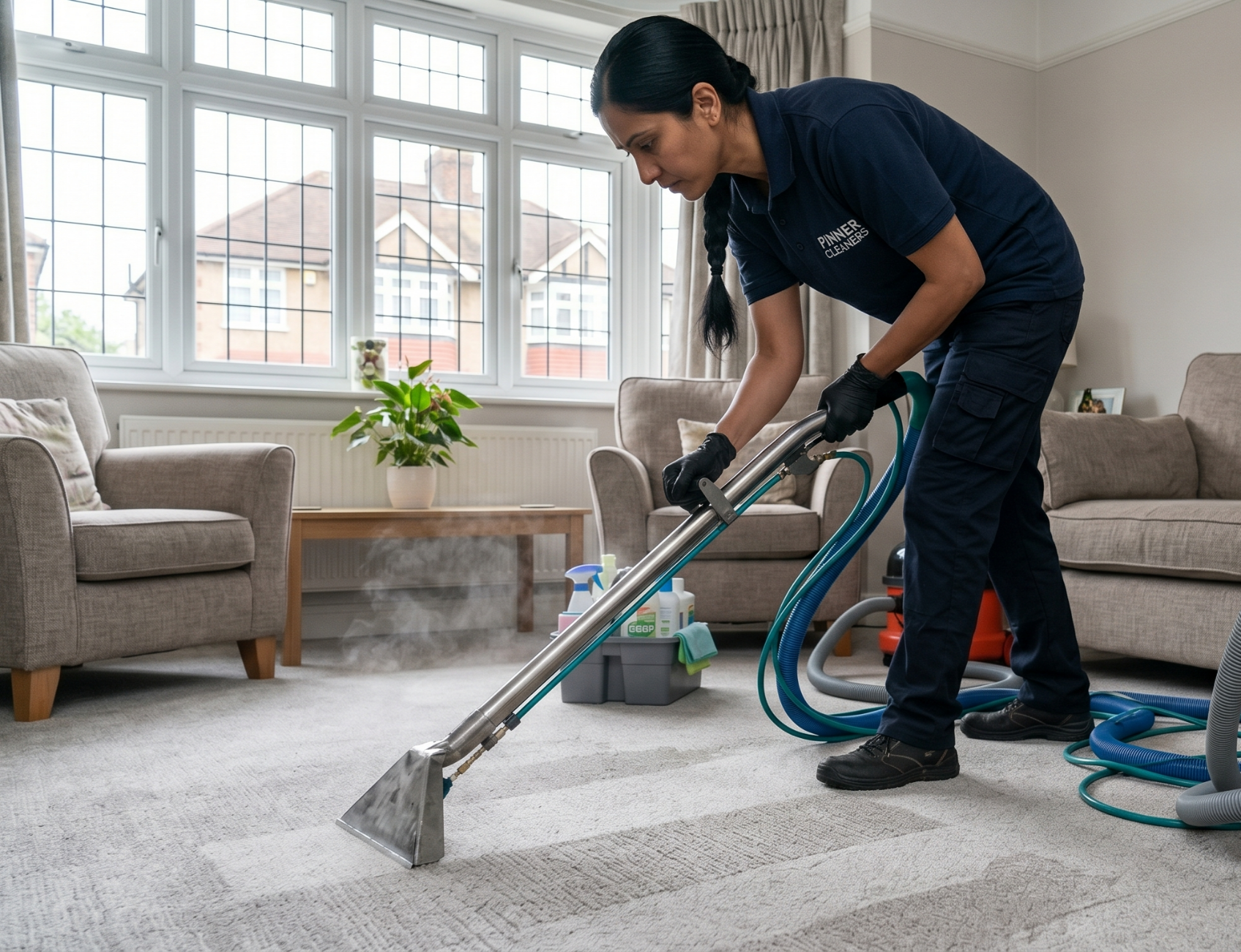 Professional carpet cleaner using hot water extraction cleaning in Pinner