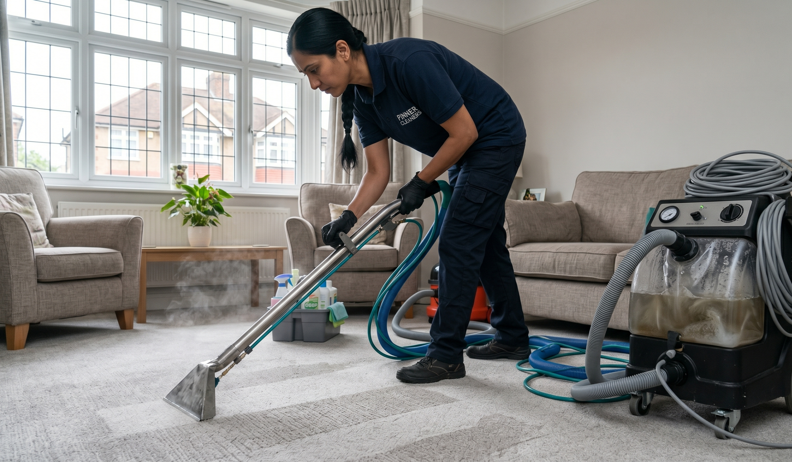 Professional carpet cleaner using hot water extraction cleaning in Pinner