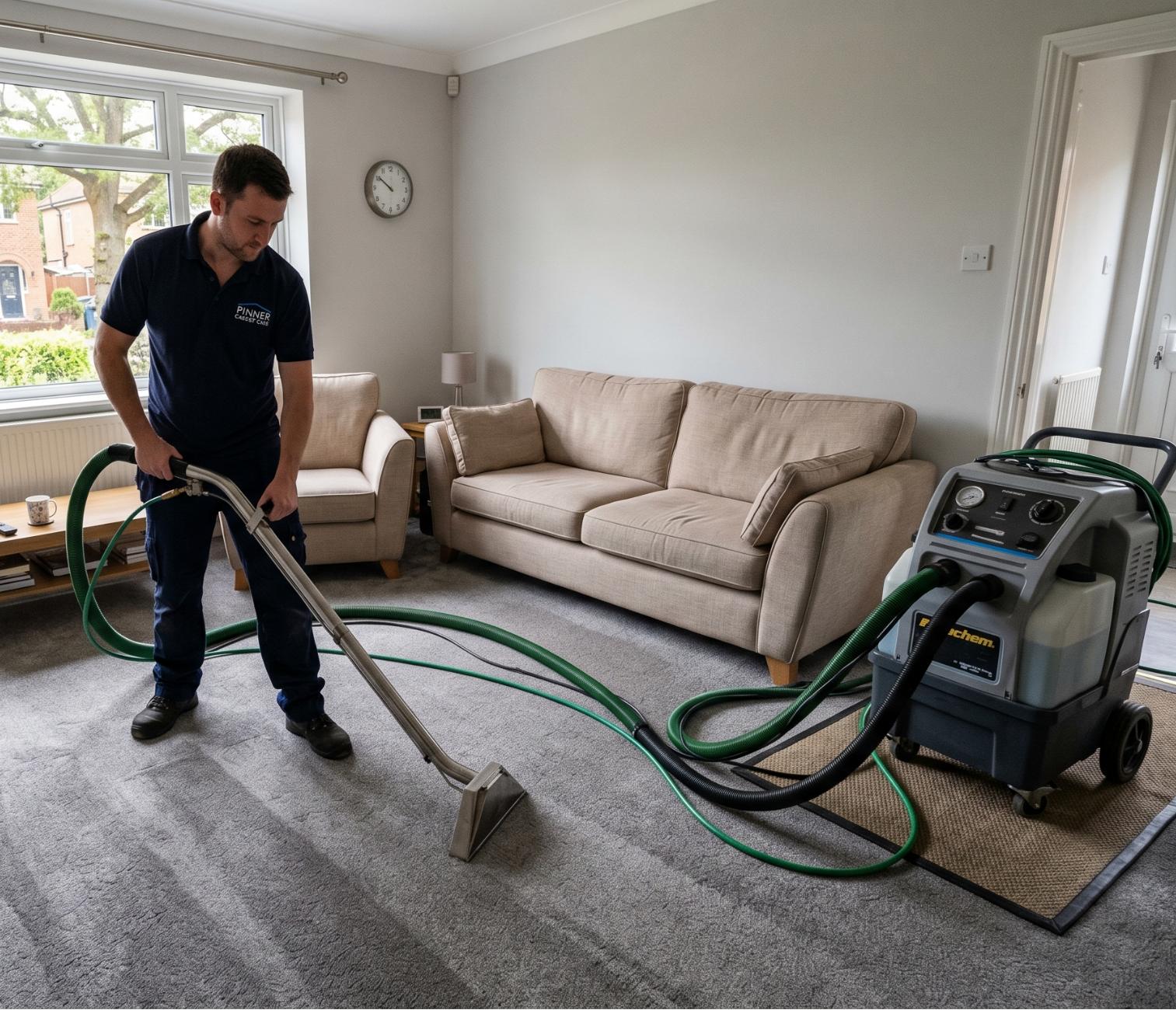 Professional carpet cleaner using hot water extraction cleaning inside a modern home in Pinner