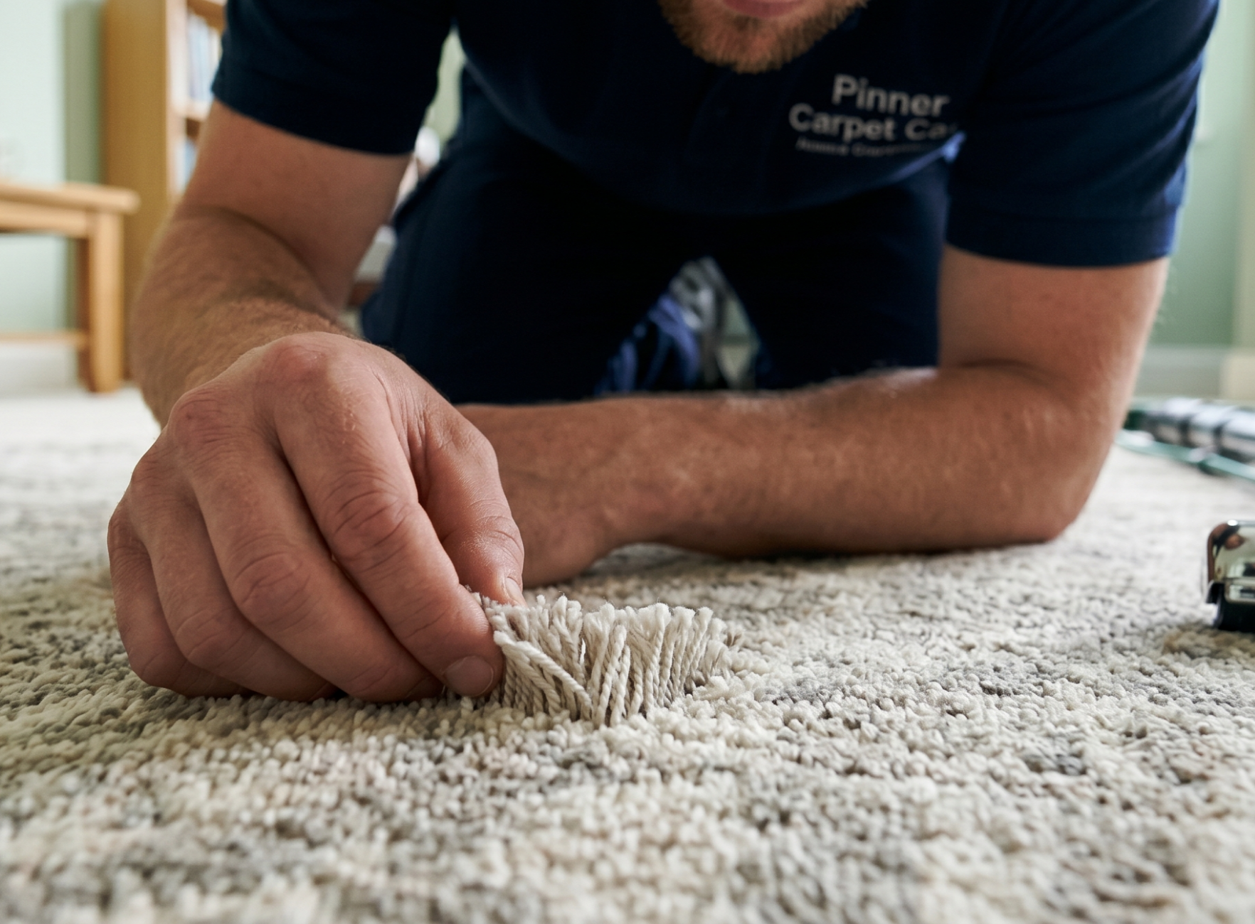 Professional carpet cleaner inspecting freshly cleaned carpet in Pinner