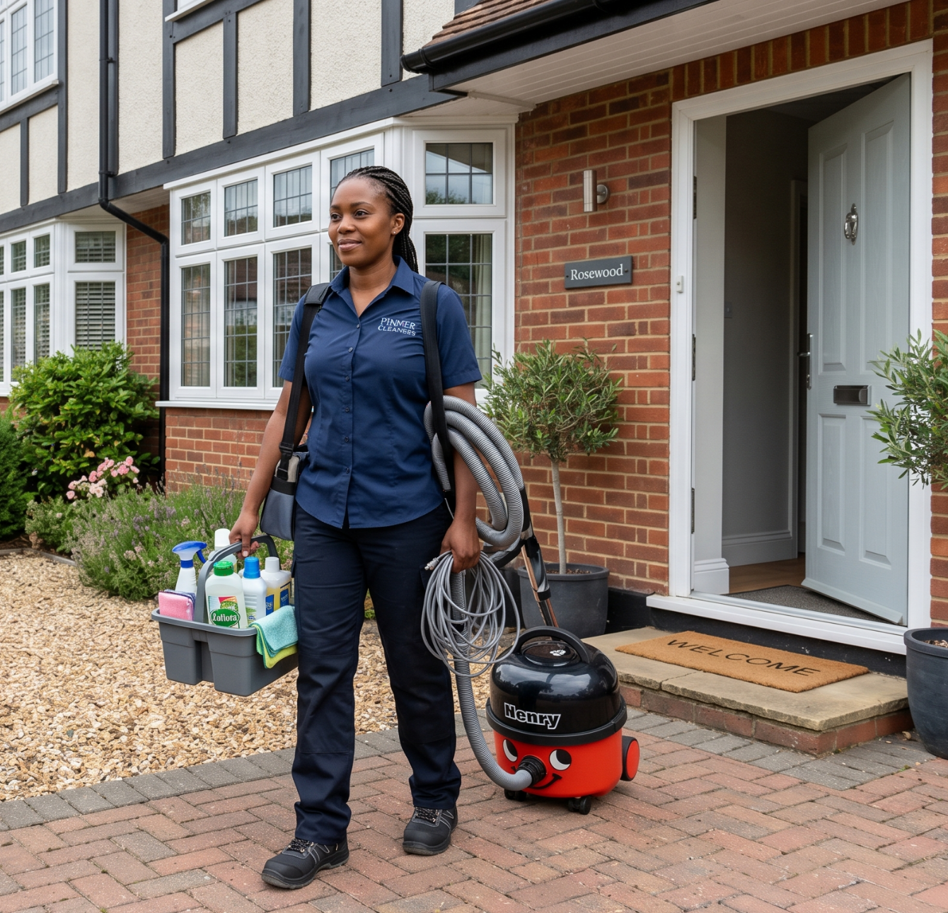 Professional cleaner arriving at a home in Pinner with cleaning equipment