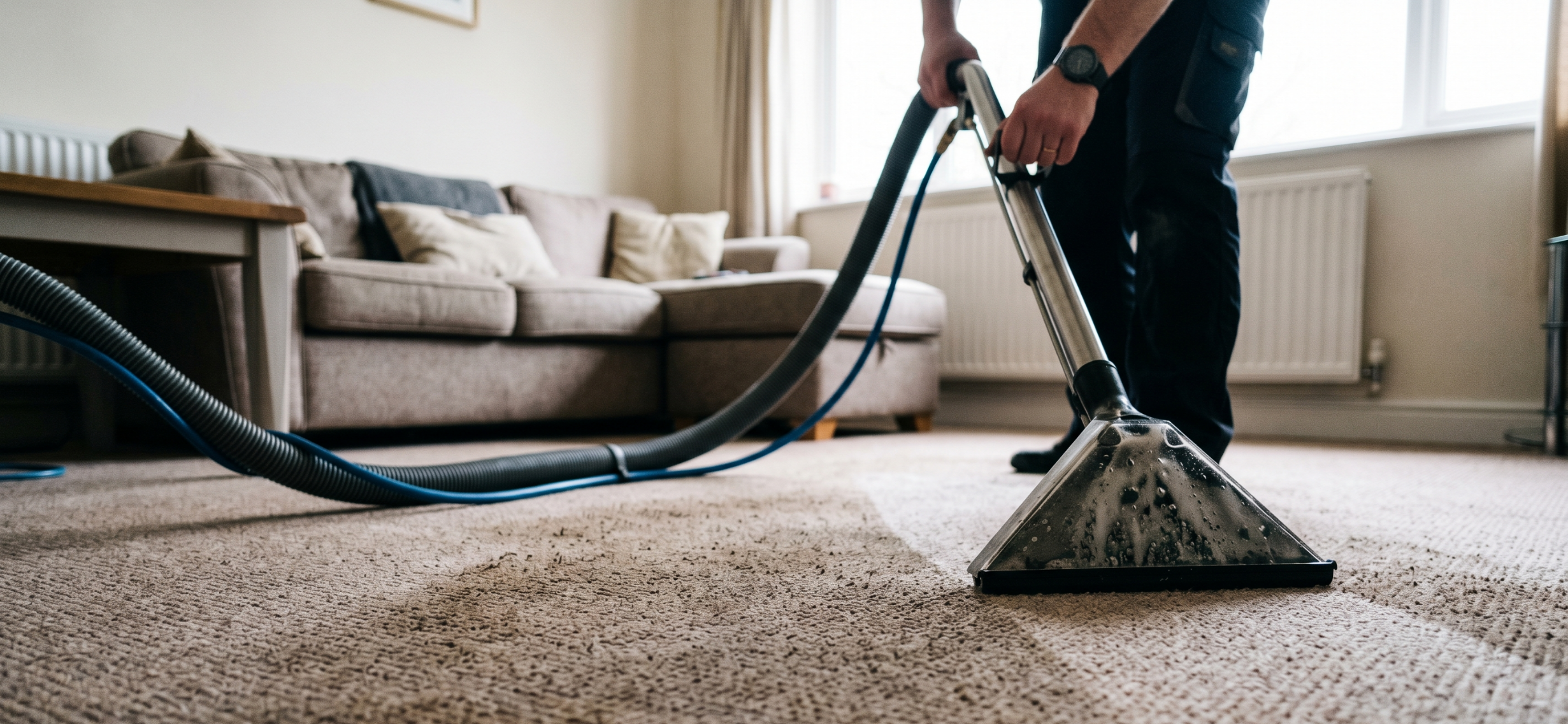 Hot water extraction carpet cleaning process in a modern living room