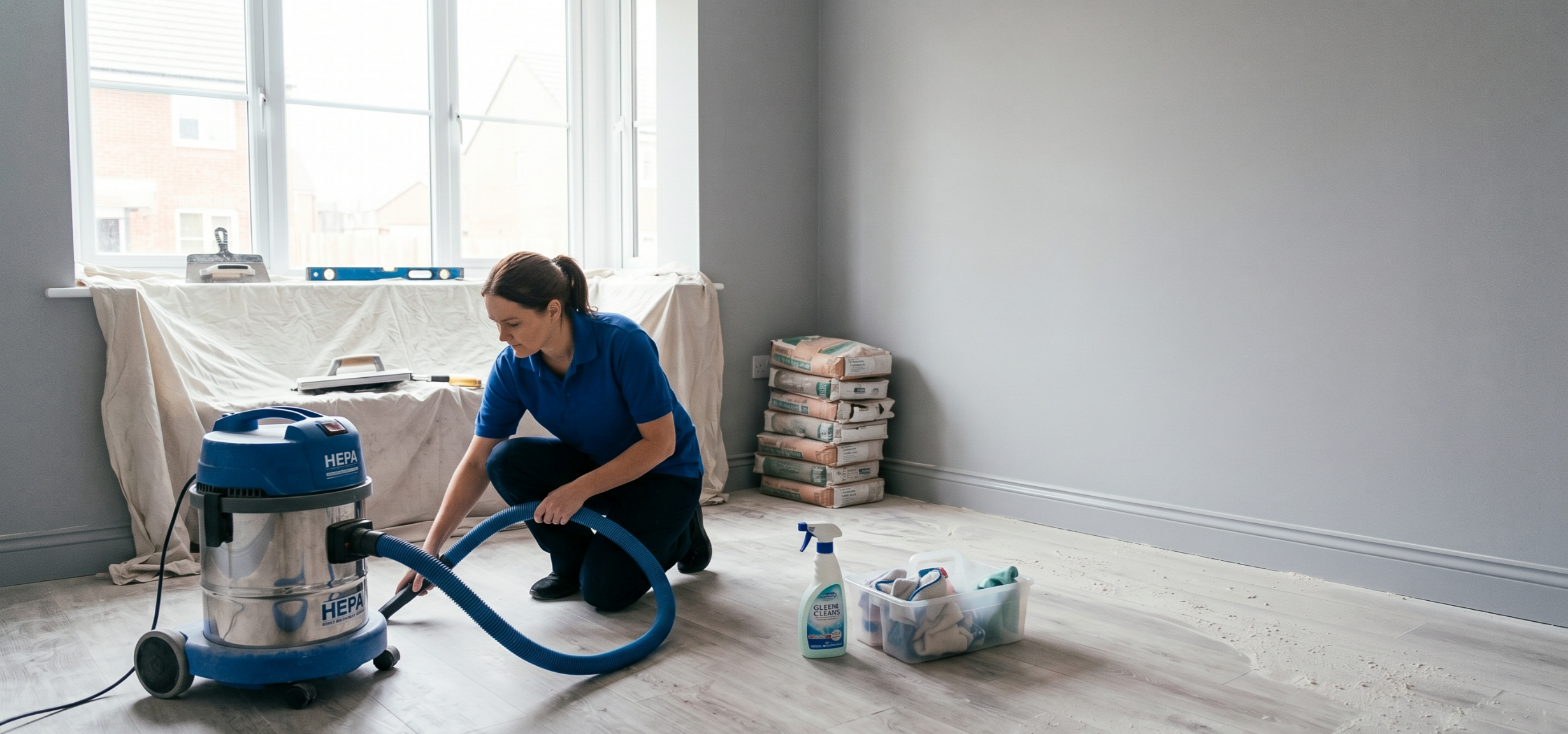 Professional after builders cleaning removing plaster dust inside a renovated UK home