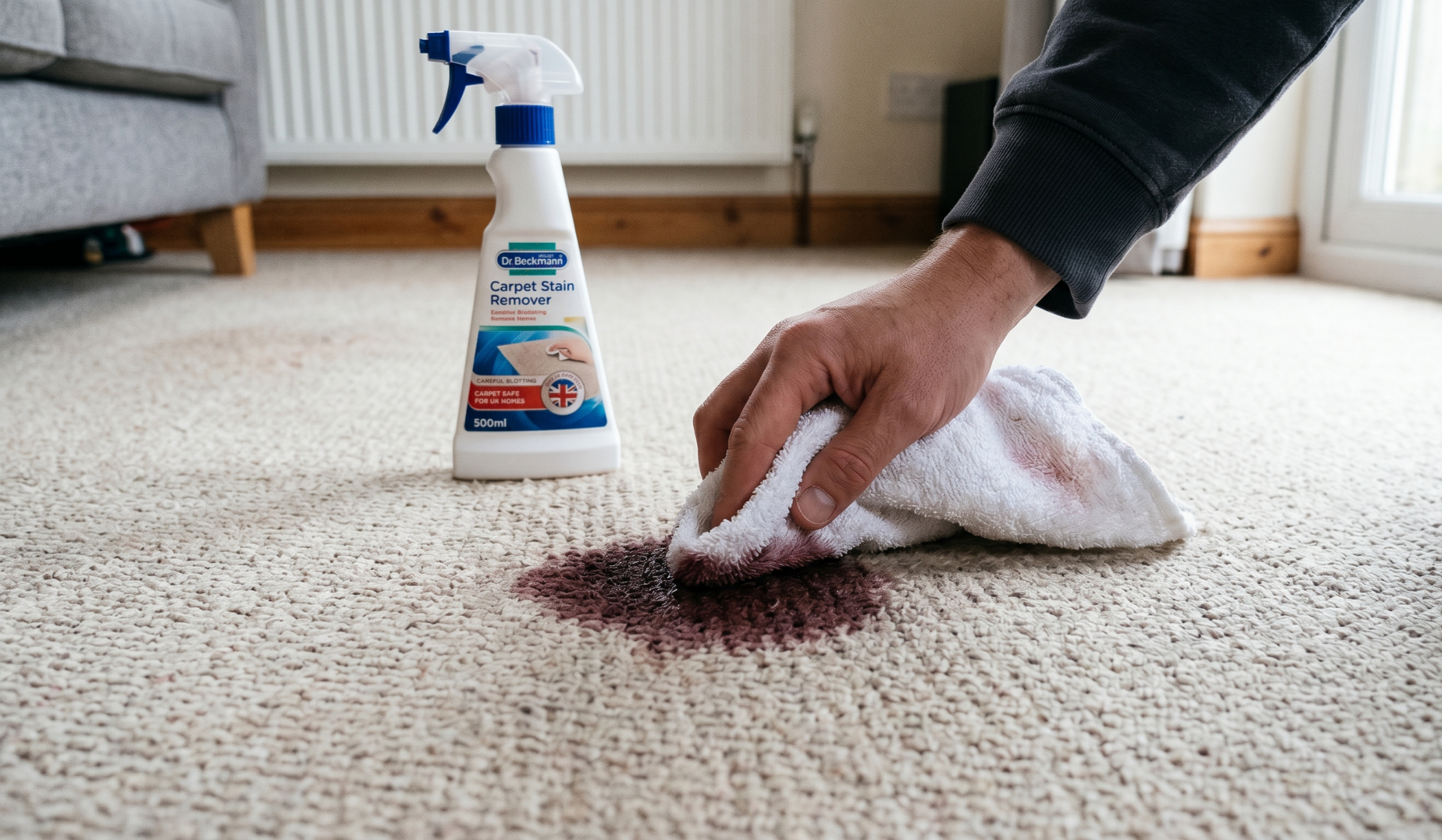 Carpet stain removal at home using a cloth and cleaning spray