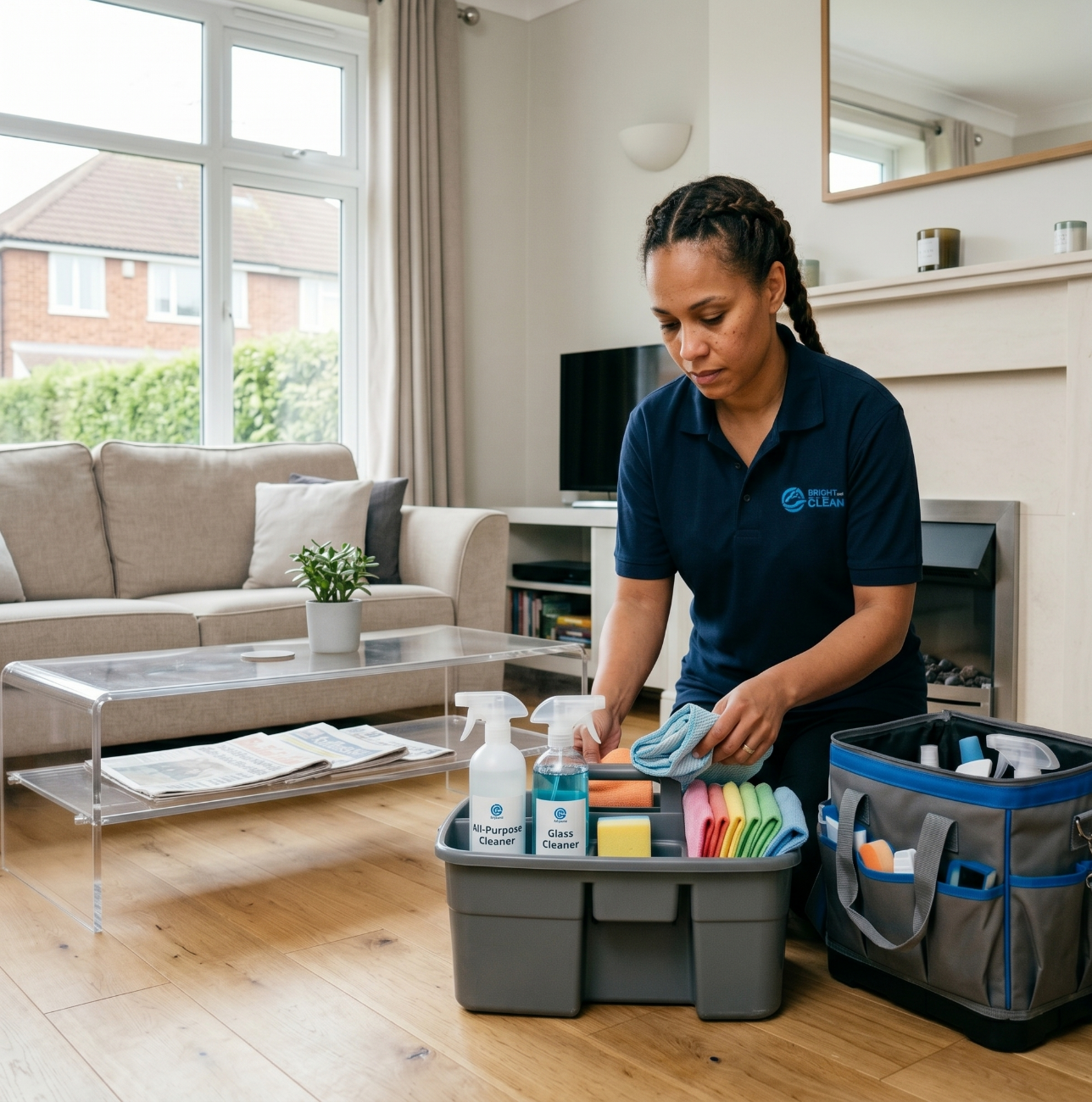 Reliable local cleaner preparing equipment inside a clean UK home