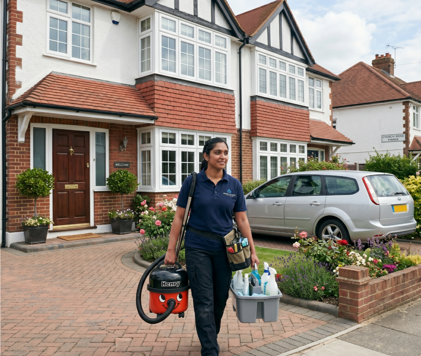 Professional one-off cleaner arriving at a home in Pinner