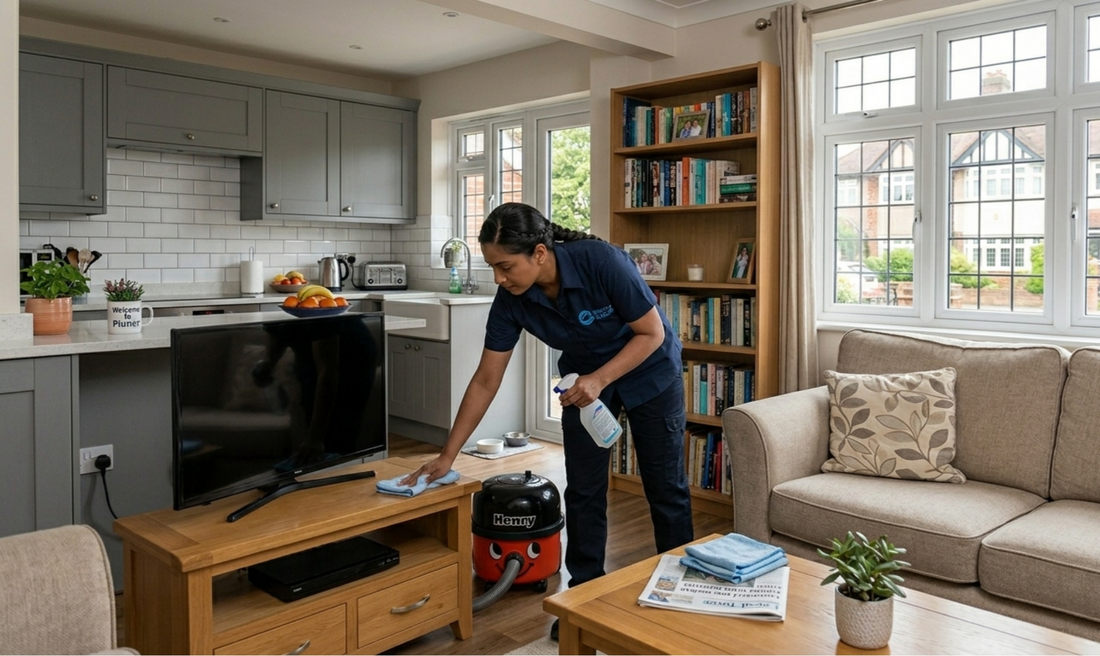 One-off cleaner deep cleaning a modern home in Pinner