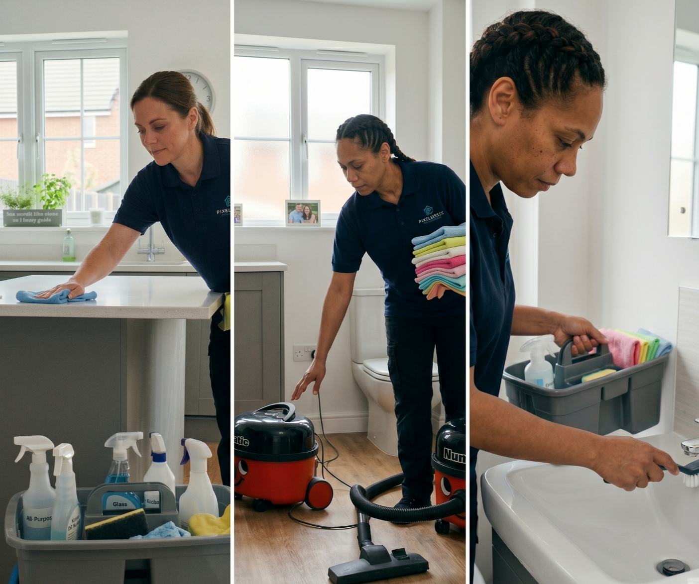 Domestic cleaner cleaning kitchen and bathroom areas in a Pinner home