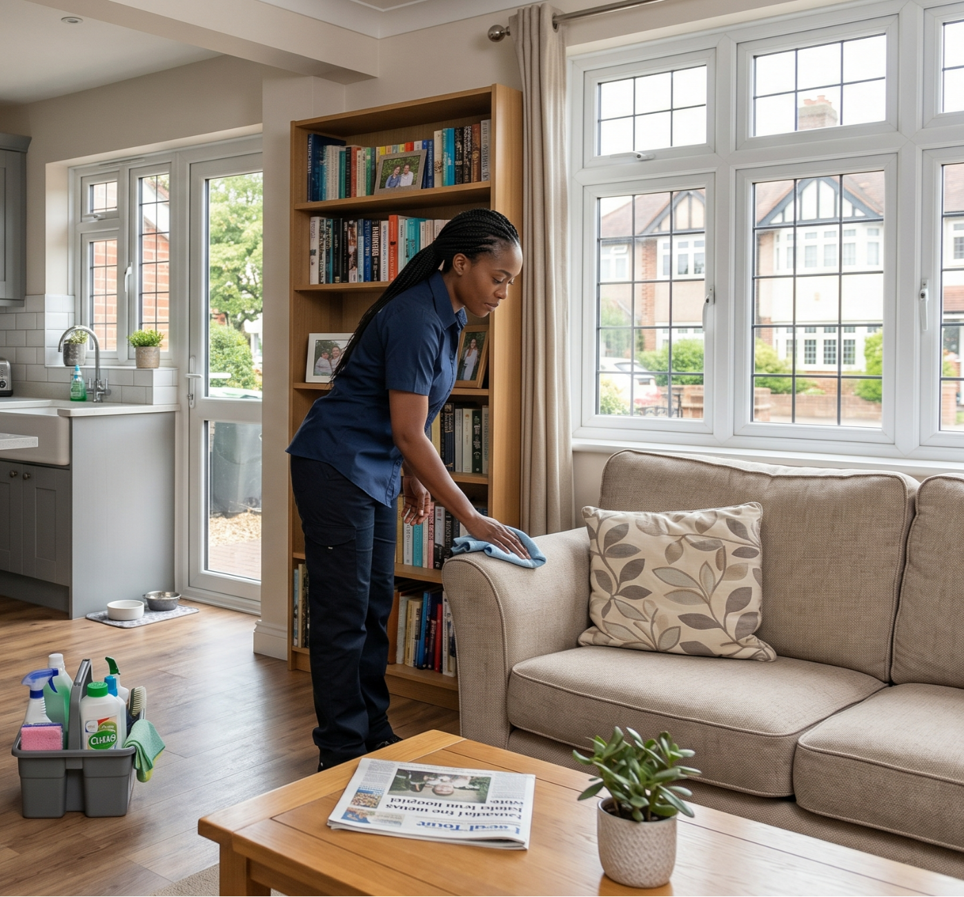 Reliable domestic cleaner maintaining a clean and organised living room