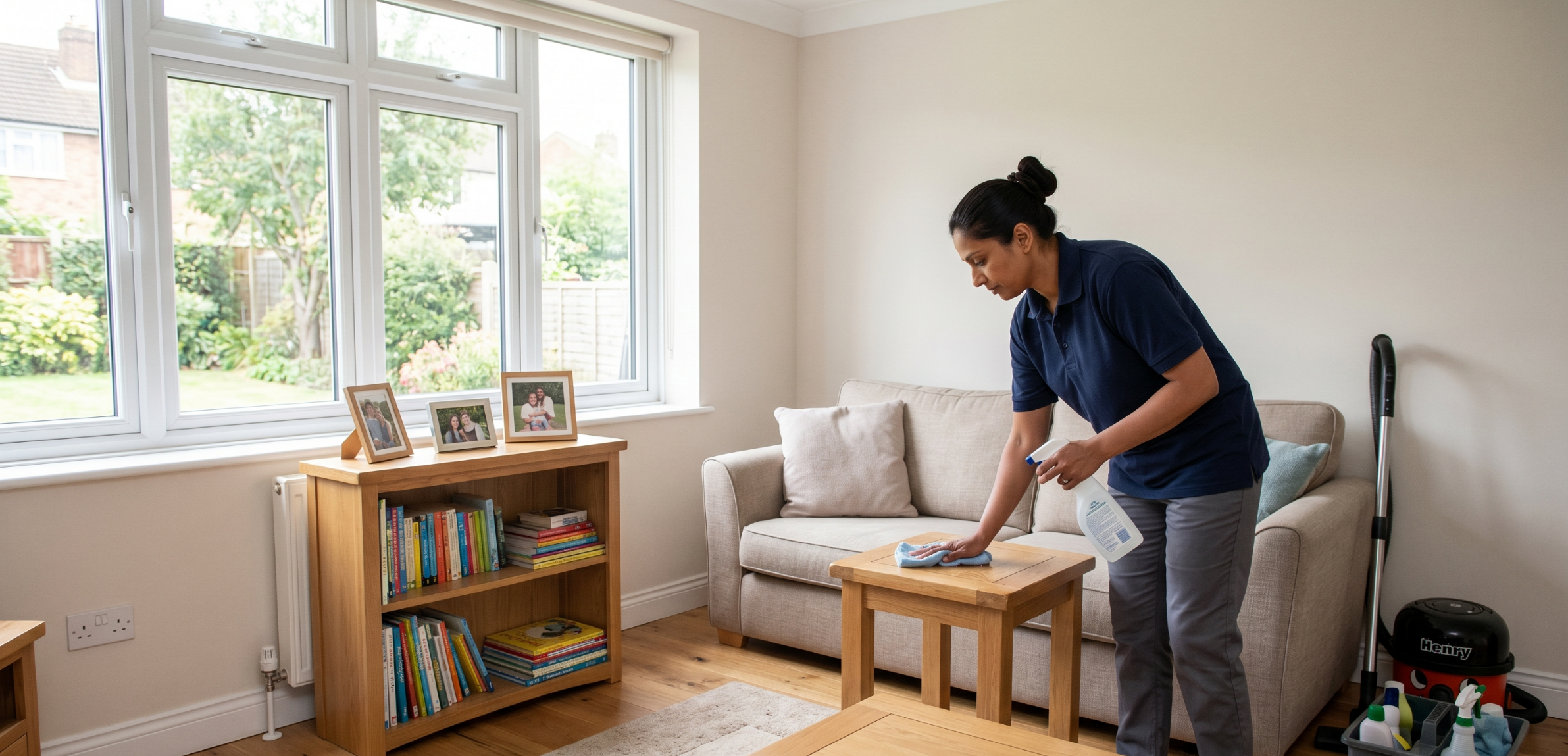 Professional domestic cleaner cleaning a bright family home in Pinner